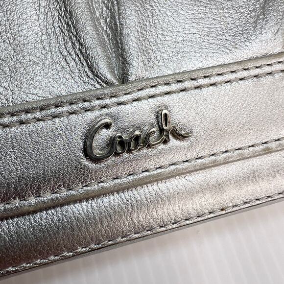 Coach Pleated Silver Metallic Leather Full Size Trifold Checkbook Wallet - Picture 2 of 6